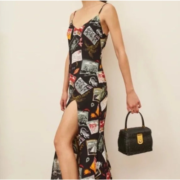 Reformation V-Neck Postcards Midi Dress Black Multicolor Size 2 - Picture 1 of 9